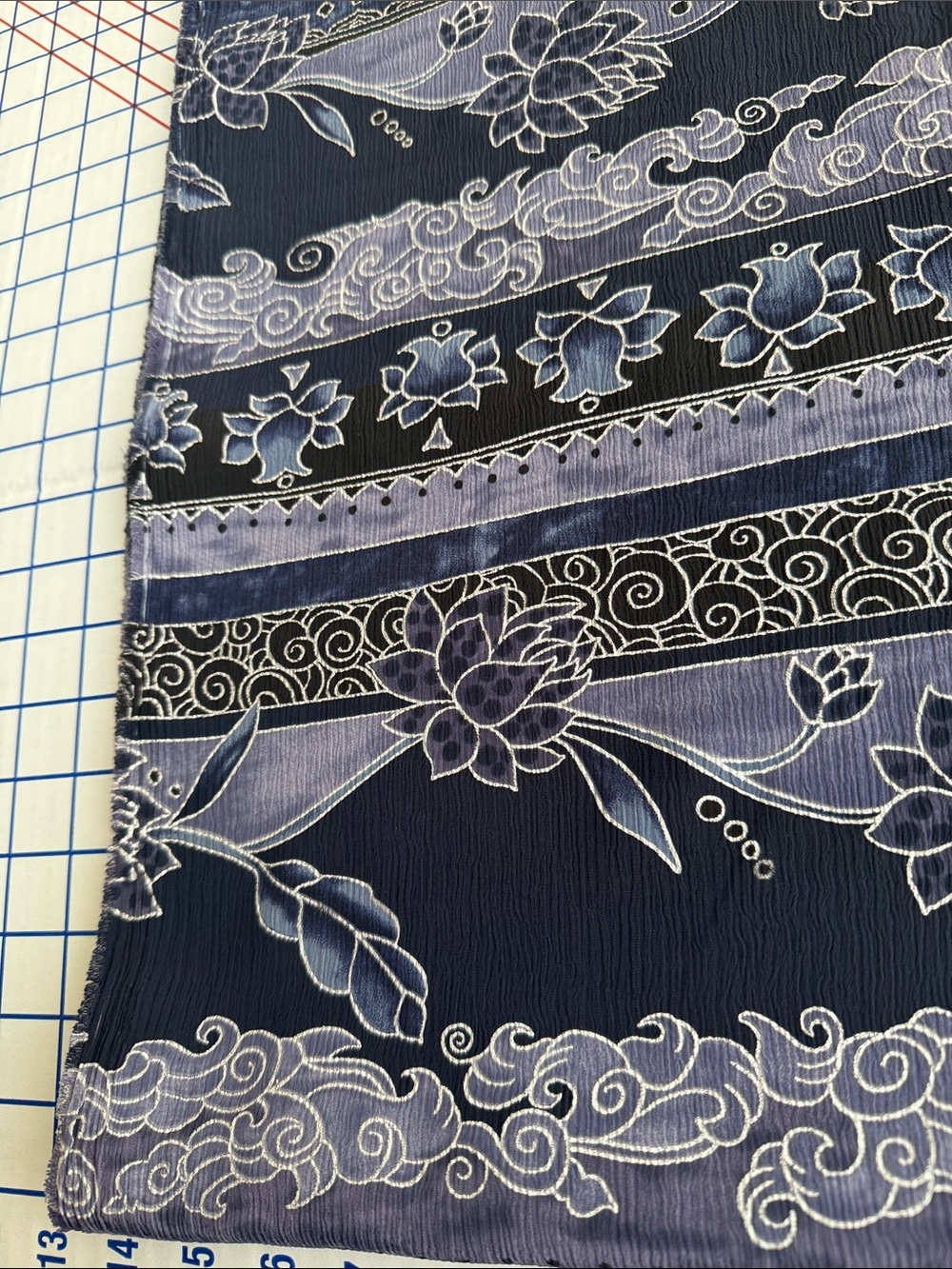 Vintage 1980s Crinkle Crepe Fabric Asian Floral Stripe Black Blue 3 1/3 Yds - Picture 6 of 13